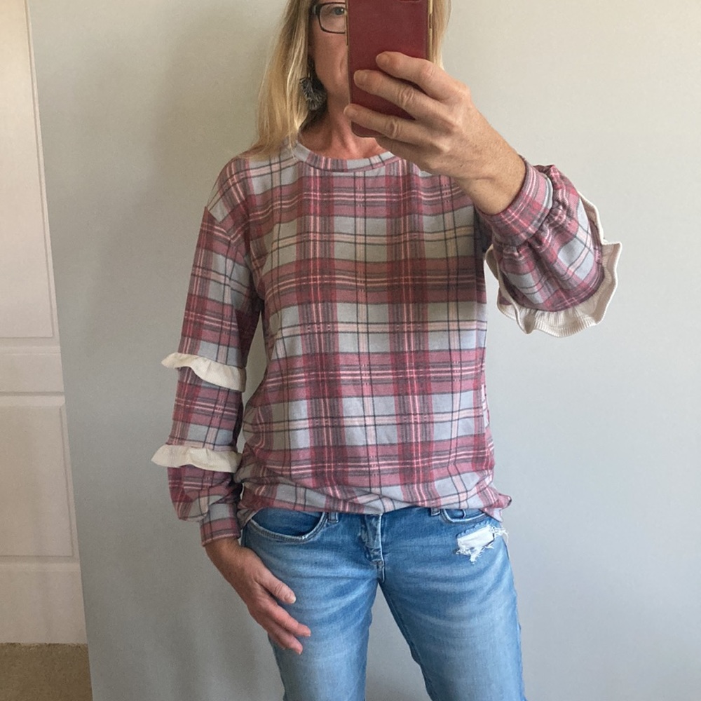 Plaid Long Sleeve with Ruffle Detail Top - Picture 3 of 10